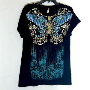🌞 EJEL butterfly turquoise rhinestone bling fitted tee women OS listed aa L